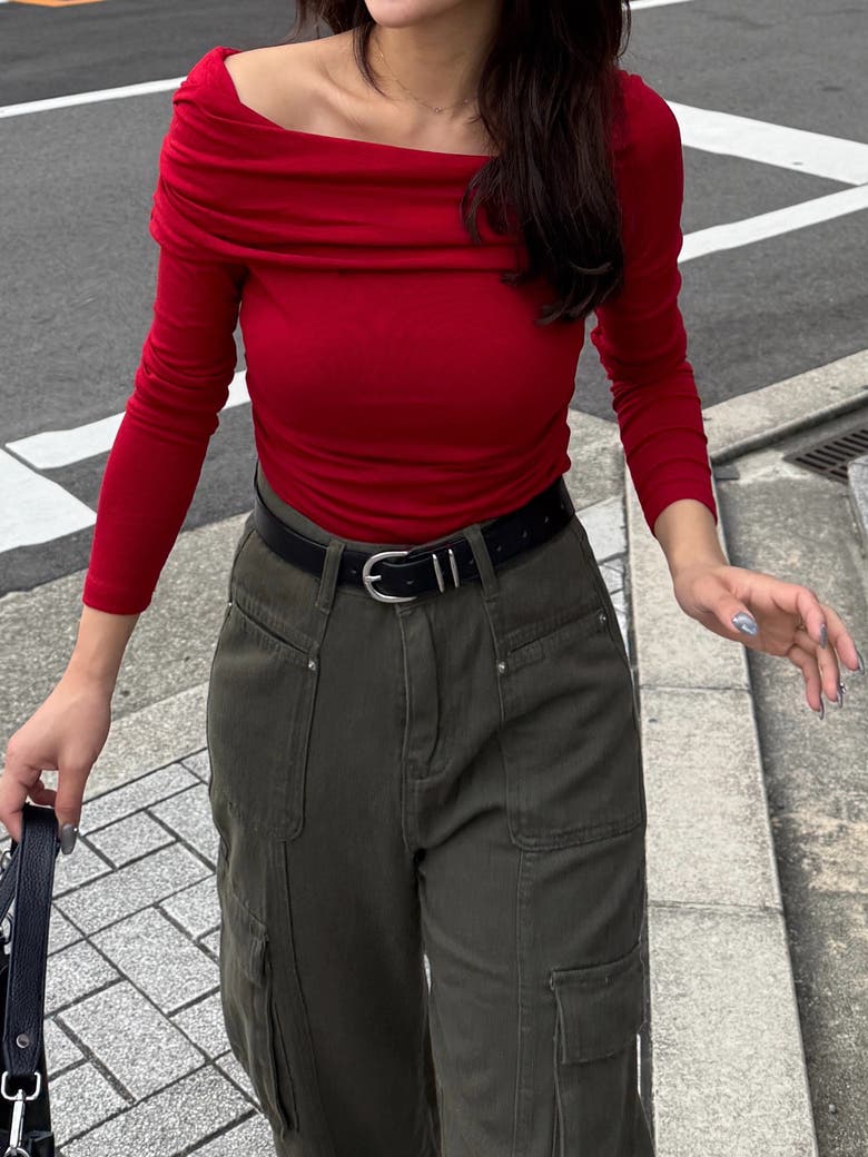 オフショルダードレープロングスリーブトップストップス
